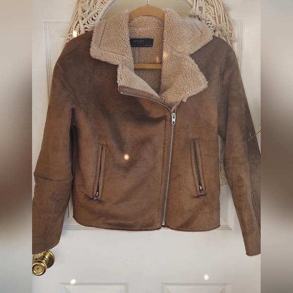 Zara Brown Moto Faux Suede Jacket with Cream Lining - Picture 7 of 9